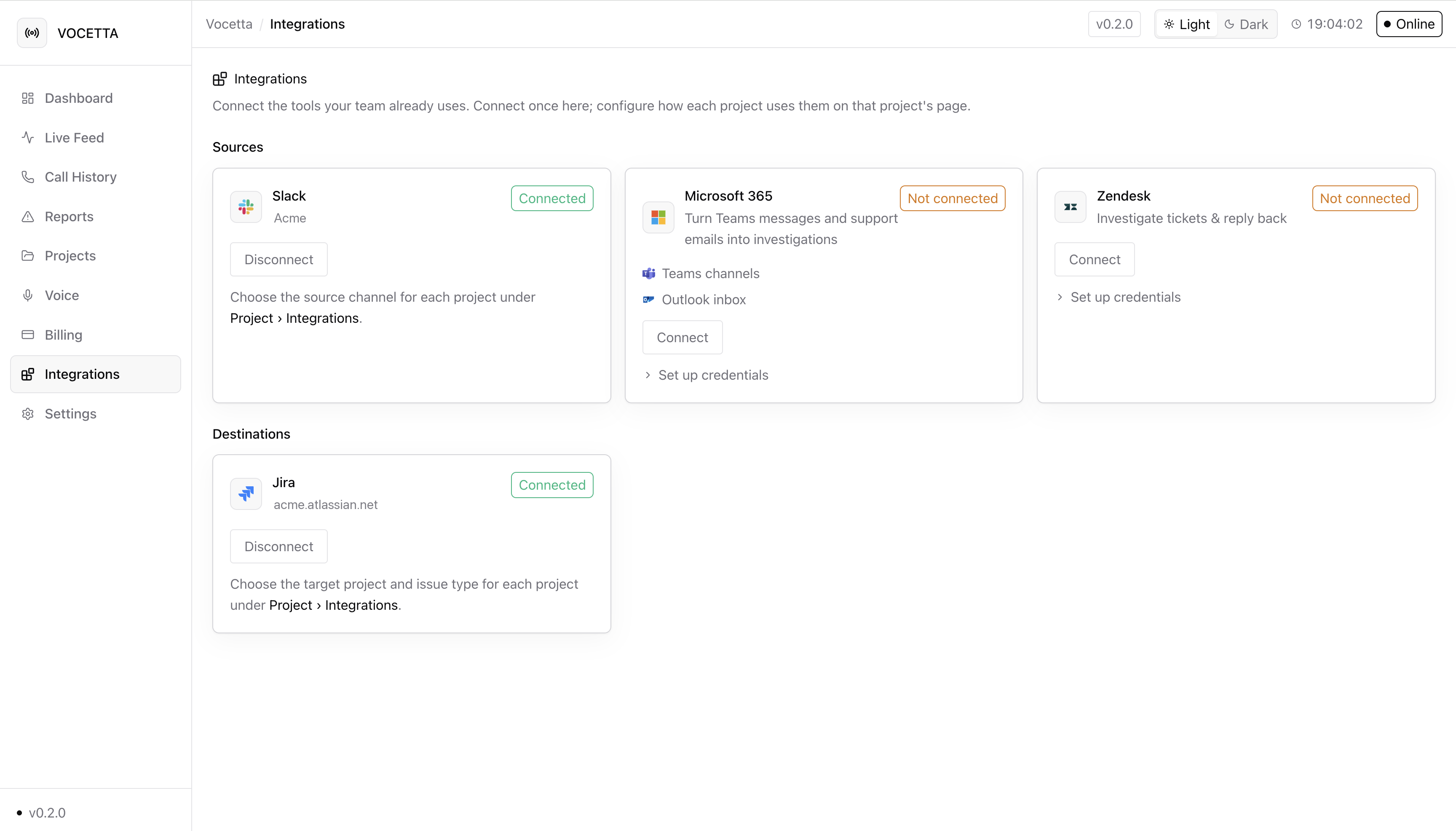 Integrations page showing connected Slack, Microsoft 365, Zendesk, and Jira as sources and destinations.