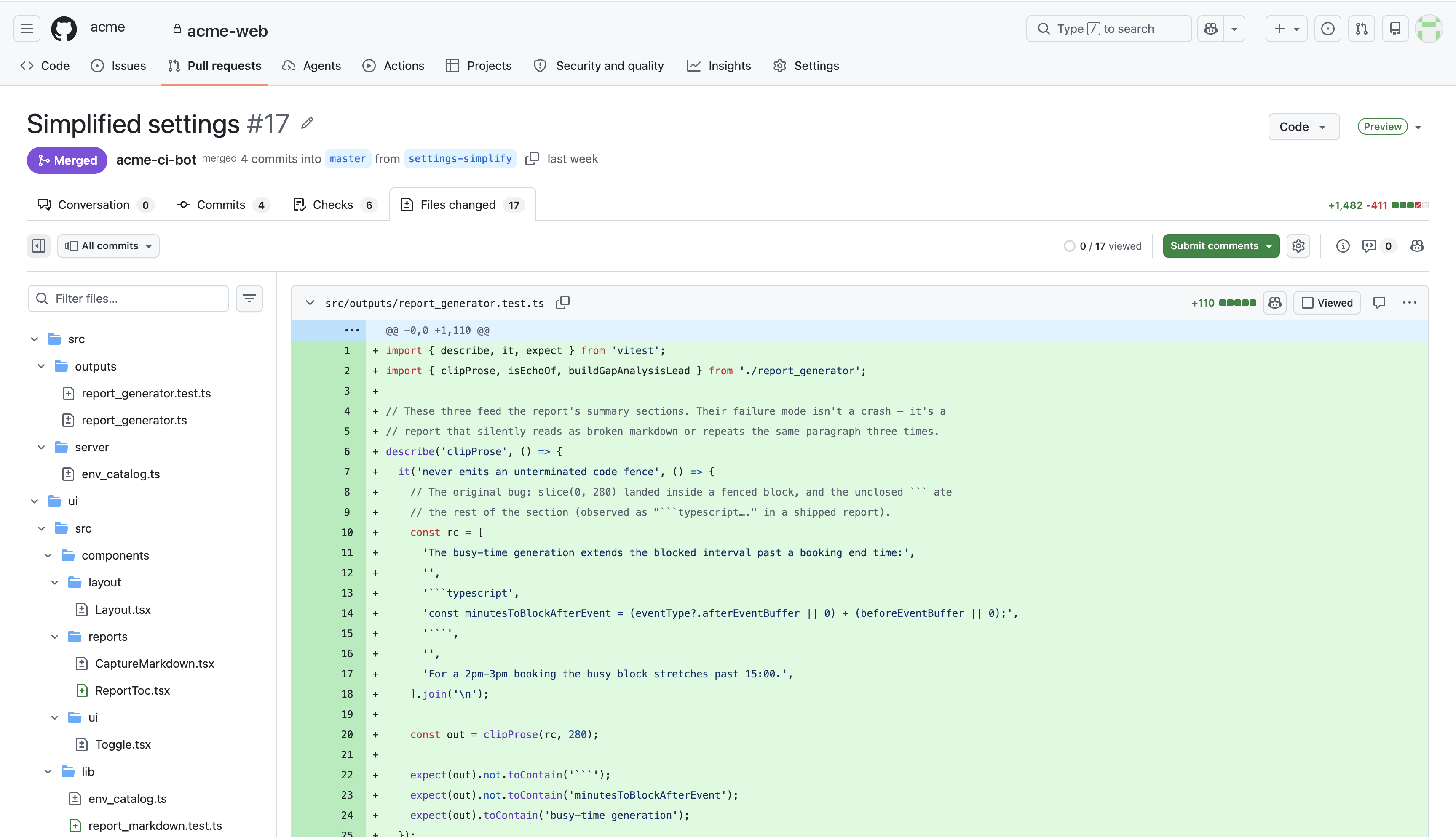 A merged GitHub pull request whose diff adds a test that verifies the fix before it ships.