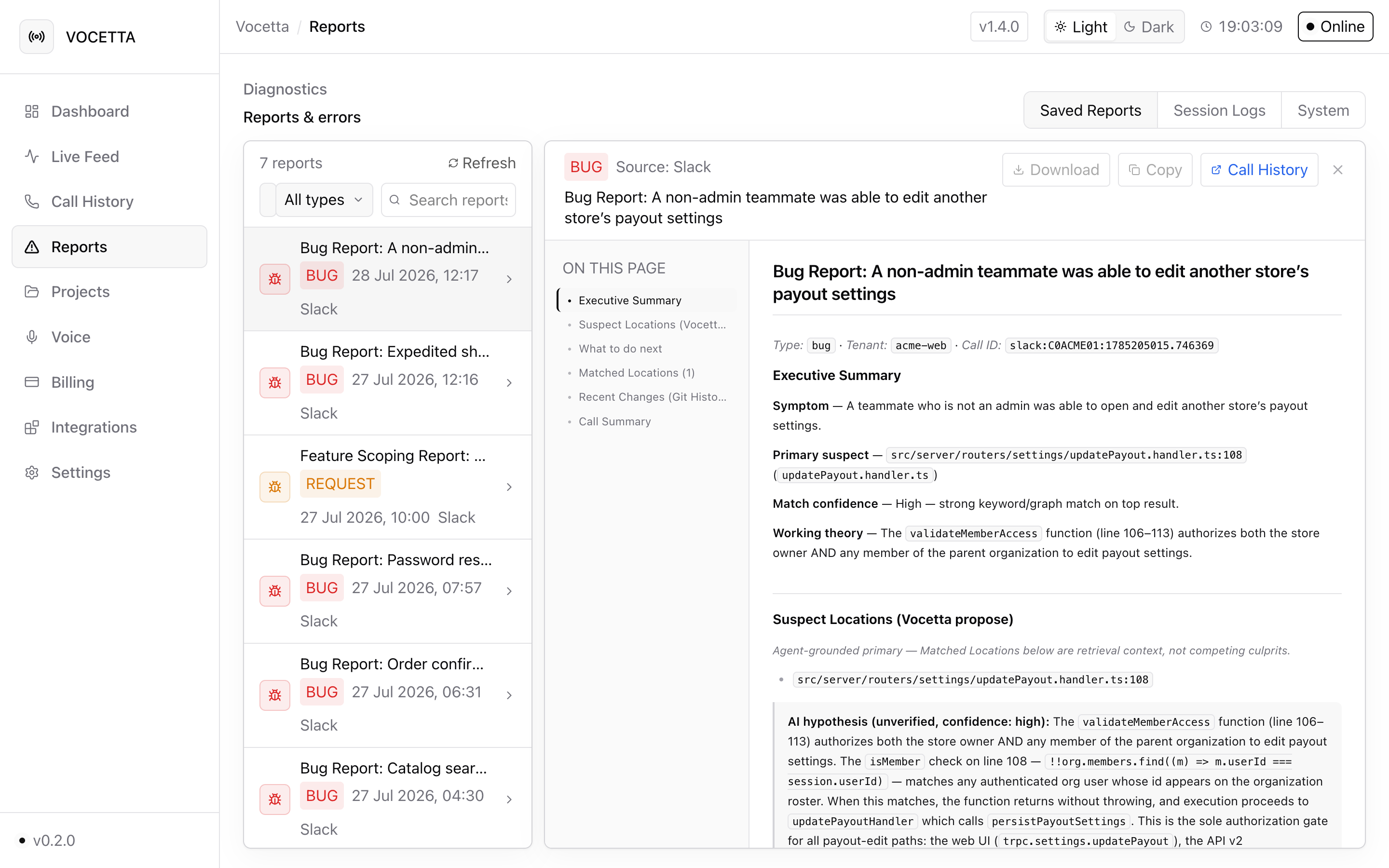 Investigation report with an executive summary, the primary suspect file and line, and an AI root-cause hypothesis.